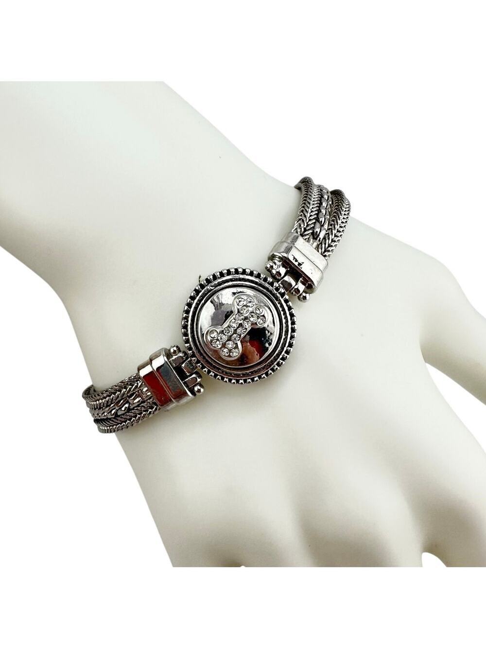 Gingersnaps Charm Dog Bone Cystal Petite Snap Silver Tone 6.25-7.75" Bracelet